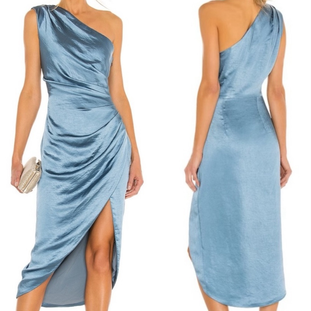One-Shoulder Satin Midi Dress in Light Blue